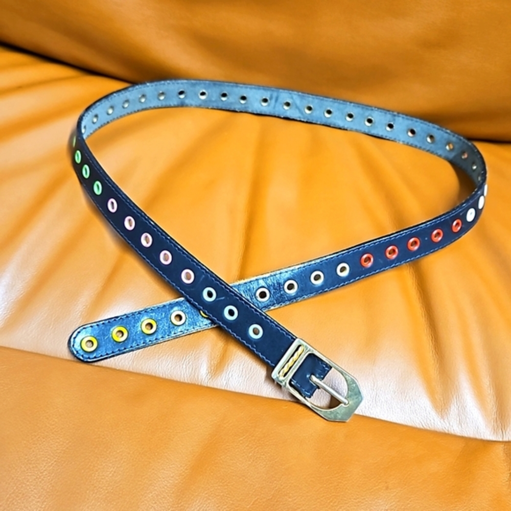 Vintage Multi-color Grommet Belt Exteds to 30" Black Leather Gold Hardware